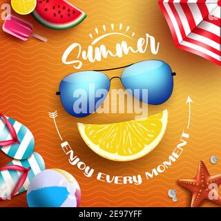Summer vector concept design. Summer enjoy every moment text with tropical elements like sunglasses and lemon in happy smile face for fun and enjoy. Stock Vector