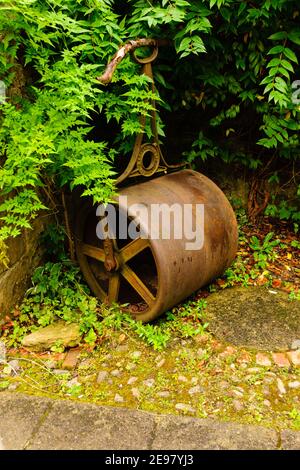 An old fashioned cast iron lawn or grass roller left in an overgrown corner ideal for horticulture or gardening concepts Stock Photo