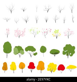 Tree set on doodles vector any season winter, spring, summenr, autumn. flat style Stock Vector