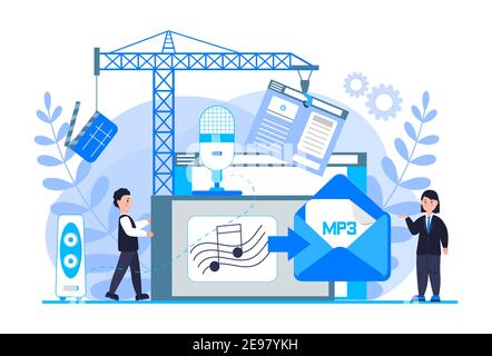 MP3 converter concept with tiny people. Screen with changing or converting process of document to another format. Audio compression. Flat vector illus Stock Vector