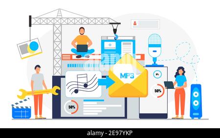 MP3 converter concept with tiny people. Screen with changing or converting process of document to another format. Audio compression. Flat vector illus Stock Vector