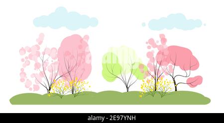 tender spring forest landscape. vector illustration in flat style on white background Stock Vector