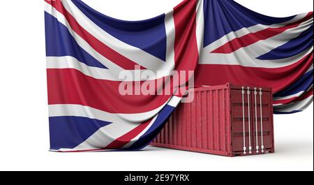 UK flag draped over a commercial trade shipping container. 3D Rendering