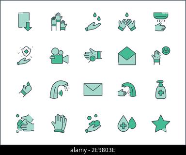 Set of Washing Hands Vector Line Icons. Contains such Icons as Coronavirus, Contactless Water Tap, Antiseptic, Washing Instruction, Hand Dryer, Soap Stock Vector