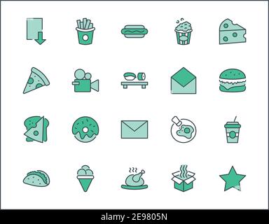 Set of Foods, Drinks Related Vector Line Icons. Contains such Icons as Pizza, Fries, Egg, Meat, Sushi, Chicken, Hamburger, Ice Cream, Donut, Soup Stock Vector