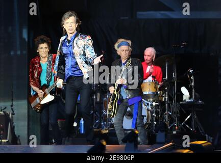 British musicians Mick Jagger Keith Richards Charlie Watts Ronnie Wood perform during The Rolling Stones 'No Filter' tour Stock Photo