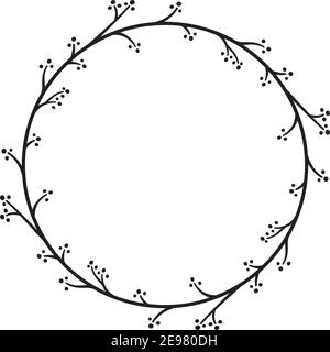 Vector illustration in black line on white background of a wreath in floral style. Stock Vector