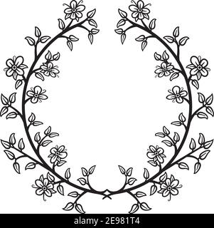 Vector illustration of a floral wreath in black line on white background. Stock Vector