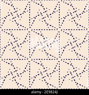 Geometric square size seamless pattern. Modern grid design. Sashico stitching template in blue. Light champagne background color is easy to change Stock Vector