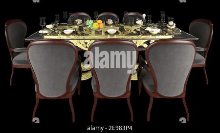 classic dining table with dining chairs, fruits and wine isolated in black background. 3D rendered dining set view. Stock Photo