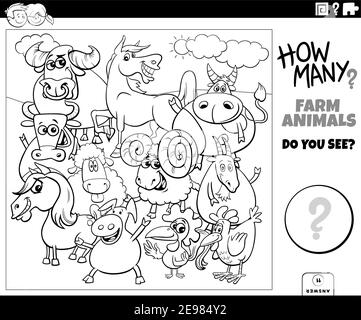Black and white illustration of educational counting game for children with cartoon farm animal characters group coloring book page Stock Vector