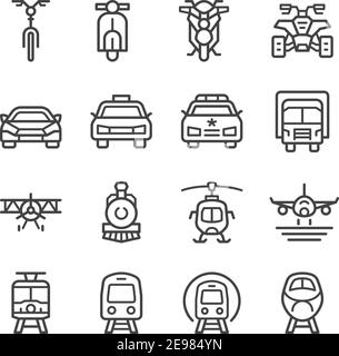 vehicle and transportation front view thin line icon set,vector and illustration Stock Vector