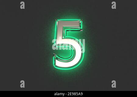 Silver metalline with emerald outline and green noisy backlight alphabet - number 5 isolated on dark, 3D illustration of symbols Stock Photo