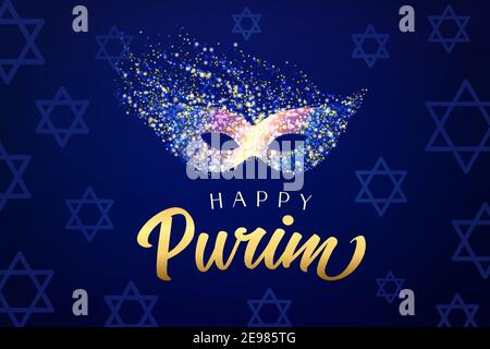 Happy Purim carnival mask with golden dust. Colored bright rainbow colors carnival mask and text, Jewish holiday vector illustration Stock Vector