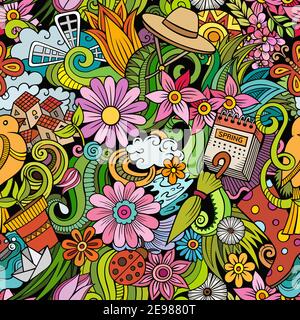 Cartoon doodles Spring seamless pattern. Stock Vector