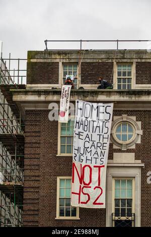 Banner protesting the building of High Speed 2 (HS2), diverting funds ...