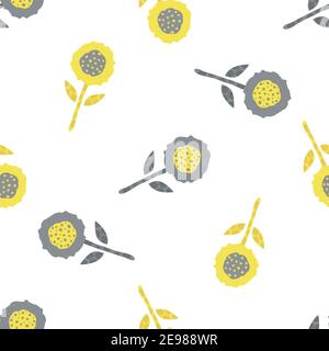 Scribbled abstract flowers and textured stems with leaves. Vector seamless pattern background. Hand drawn scattered yellow and grey florals on white Stock Vector