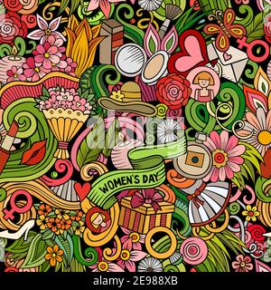 Cartoon doodles 8 March seamless pattern. Stock Vector