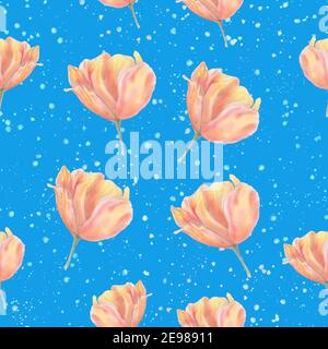 Tulip seamless pattern with watercolor splashes. Pink flowers. Bright pattern for textile or paper print. Stock Photo