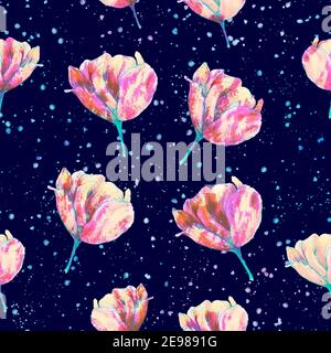 Tulip seamless pattern with watercolor splashes. Pink flowers. Dark blue and pink bright colors. Contrast illustration. Stock Photo