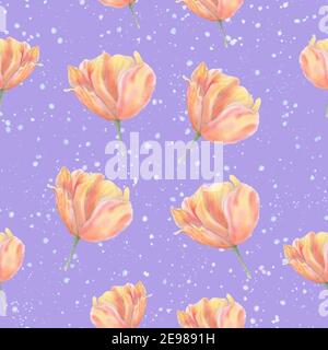 Tulip seamless pattern with watercolor splashes. Pink flowers. Bright pattern for textile or paper print. Stock Photo