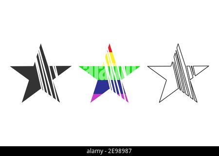 Decorative star icons set. Creative flat logo style star shape with stripes. Isolated elements on white background Stock Vector