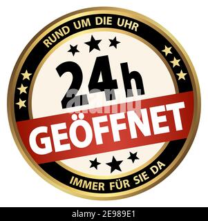 eps vector file. Round button for business and advertising usage, isolated on white background. With text open 24 hours (german) Stock Vector
