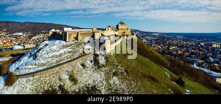 Castle of Sumeg in Hungary. Historical fort ruins museum in Upper balaton region. Ancient fortress in amazing panoramic view. Stock Photo