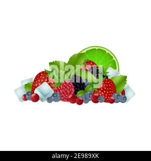 Set of colorful cartoon berries: blueberry, blackberry, raspberry, strawberry, cranberry, mint leaves and ice cubes. Vector illustration, isolated on Stock Vector