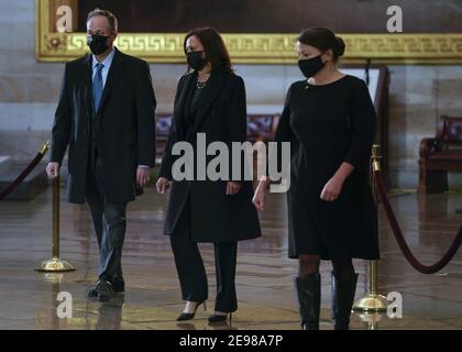 Vice President Kamala Harris and Second Gentleman Doug Emhoff arrive to pay their respects before a ceremony memorializing U.S. Capitol Police Officer Brian D. Sicknick, 42, as he lies in honor in the Rotunda of the Capitol on Wednesday, February 3, 2021. Officer Sicknick was responding to the riot at the U.S. Capitol on Wednesday, January 6, 2021, when he was fatally injured while physically engaging with the mob. Members of Congress will pay tribute to the officer on Wednesday morning before his burial at Arlington National Cemetery. Pool Photo by Demetrius Freeman/UPI Stock Photo