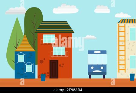 city landscape vector illustration. Three coclorful houses, bus, road Stock Vector