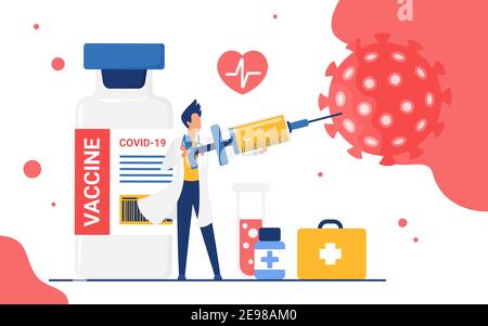 Doctor killing coronavirus with antiviral vaccine vector illustration. Cartoon medical worker character holding big syringe injection during vaccination process to kill virus cells isolated on white Stock Vector