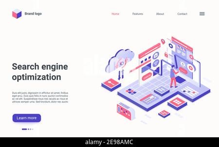 Search engine optimization technology isometric vector illustration. Cartoon 3d developer analyst man character working on seo analytics research, optimizing data for business report landing page Stock Vector