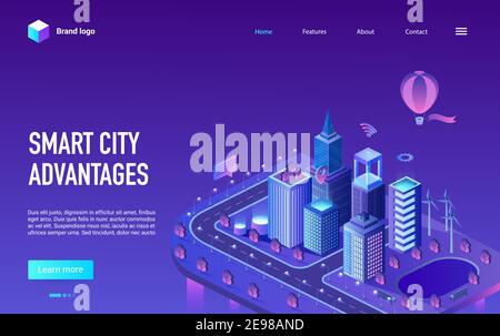 Smart city advantage isometric vector illustration. Cartoon 3d cityscape infrastructure of futuristic technology with skyscrapers buildings, modern digital future tech innovation neon landing page Stock Vector