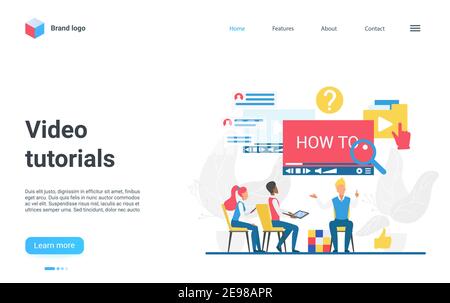 Video tutorial, online education technology vector illustration. Cartoon business courses, school or university with student people learning in virtual class room, study information landing page Stock Vector