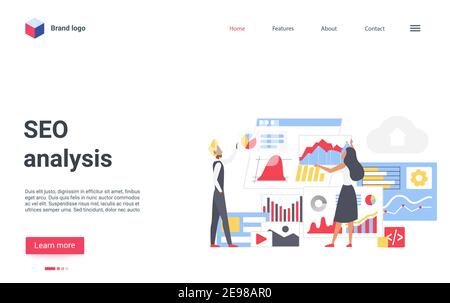 Seo analysis, business development technology vector illustration. Cartoon analyst people team working on seo data analytics report in digital presentation, research market teamwork landing page Stock Vector