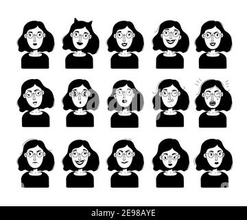 Woman characters emotion portrait set. Person portraits with facial expression. Girl Avatar. Vector illustration in flat doodle monochrome outline Stock Vector