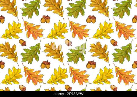 Oak leaves and acorns watercolor seamless pattern Stock Photo