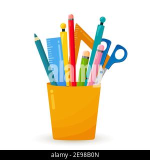 Bright Office and education equipment. Cup for pens and pencils. stationery holder symbol design. Pens, scissors, pencils, and rulers. Bright flat ill Stock Vector