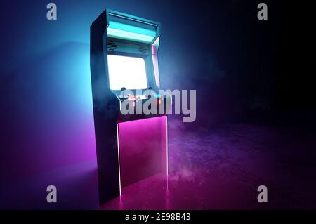 Neon pink and cyan glowing retro games arcade machine background. 3D illustration. Stock Photo