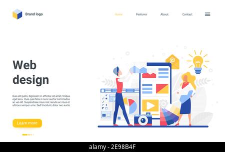 Web design teamwork vector illustration. Cartoon designer team of people working with graphic information, standing next to big smartphone, designing using online video content on screen landing page Stock Vector