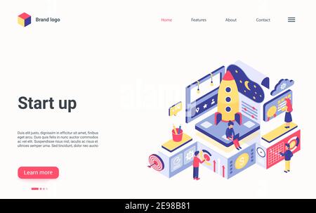 Startup technology isometric vector illustration. Cartoon 3d space dashboard for tech teamwork in process of launching spaceship rocket, team of business people start success new project landing page Stock Vector