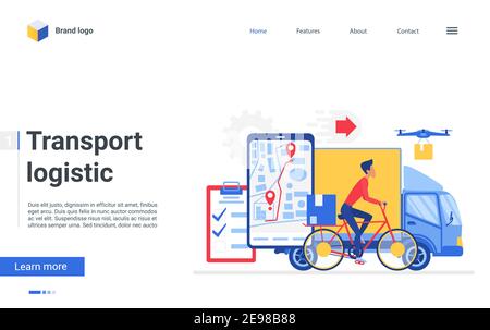 Transport logistic service vector illustration. Cartoon online cargo tracking delivery transportation app on big smartphone screen, truck, drone and courier cyclist delivering parcel box landing page Stock Vector