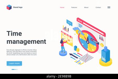 Time management technology isometric vector illustration. Cartoon 3d manager woman character working with big planner calendar organizer to manage and organize projects in timetable landing page Stock Vector