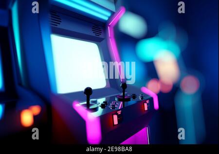 Retro neon glowing arcade machines in a games room. 3D render illustration. Stock Photo