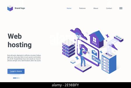 Web hosting technology isometric vector illustration. Cartoon 3d engineer tech worker character working with hardware, database host computers, technician repairing datacenter mainframe landing page Stock Vector
