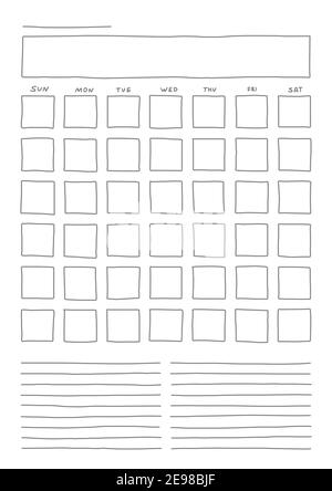 Vertical Template blank month planner with place for notes. Hand drown sketch doodle Vector illustration simple gray line Stock Vector