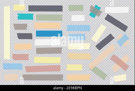 White, blue, black different size adhesive, sticky, masking, duct tape, paper pieces are on dark transparent, squared background Stock Vector