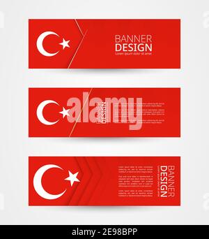 Set of three horizontal banners with flag of Turkey. Web banner design template in color of Turkey flag. Vector illustration. Stock Vector