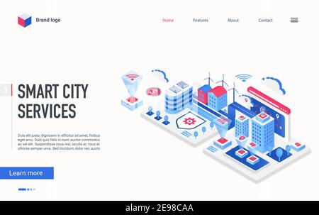 Smart city service isometric vector illustration. Cartoon 3d internet of things innovative concept, urban futuristic cityscape with smart future technology, networks and augmented reality landing page Stock Vector